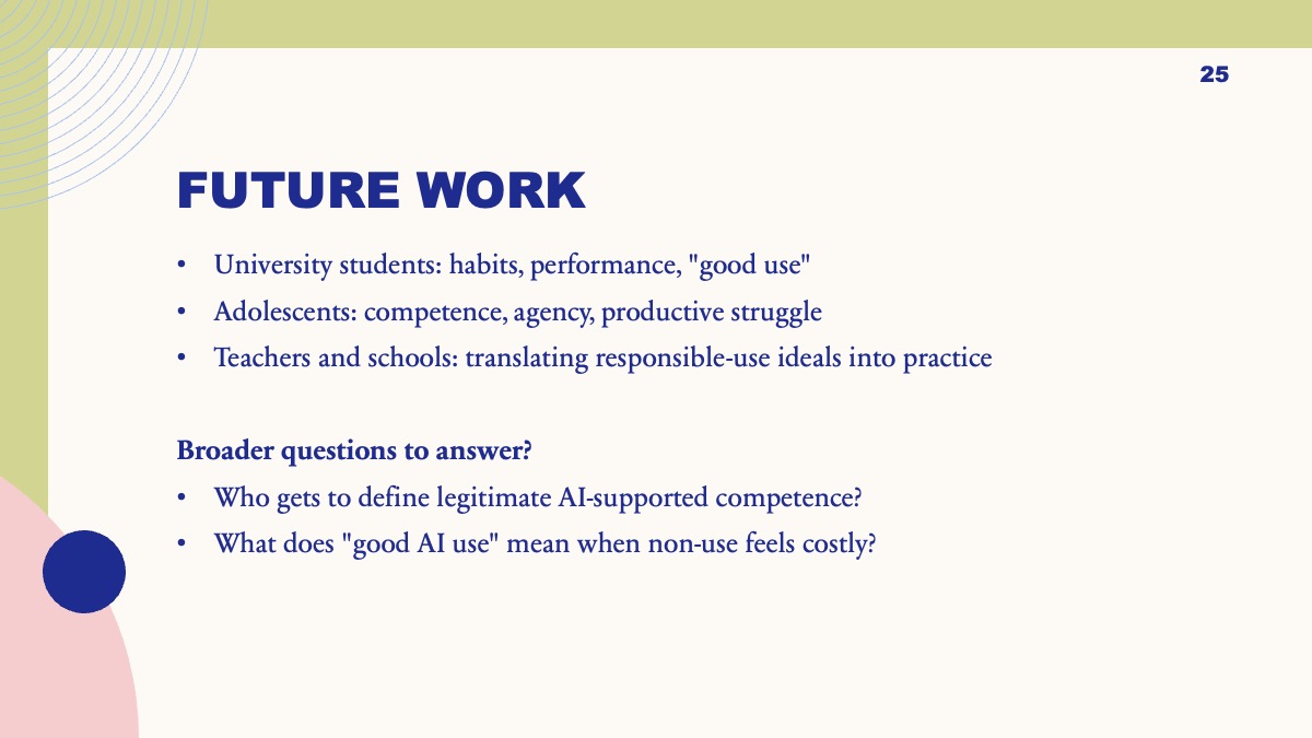 Closing slide outlining future work with university students, adolescents, teachers, and schools.