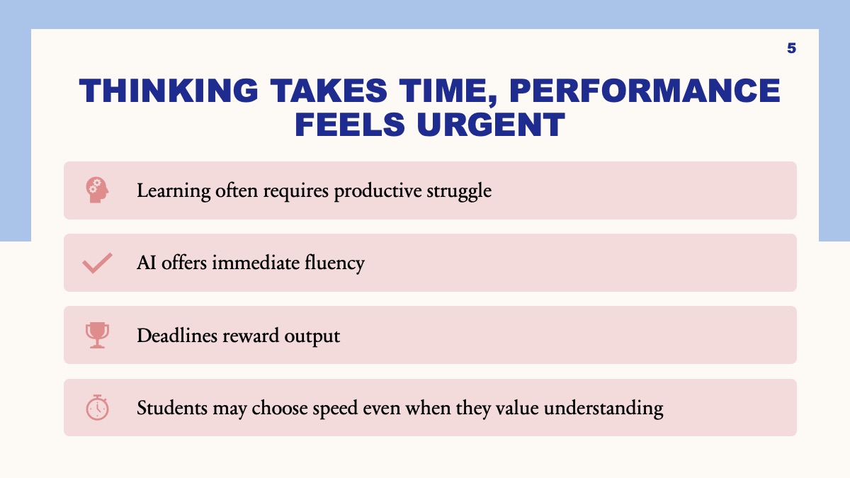 Slide explaining the tension between productive struggle and pressure for immediate output.