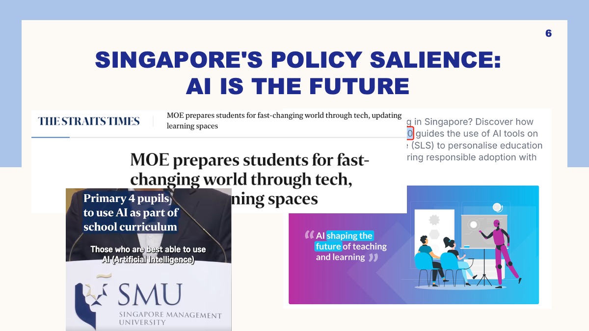 Slide showing public messages that frame AI as part of Singapore’s educational future.