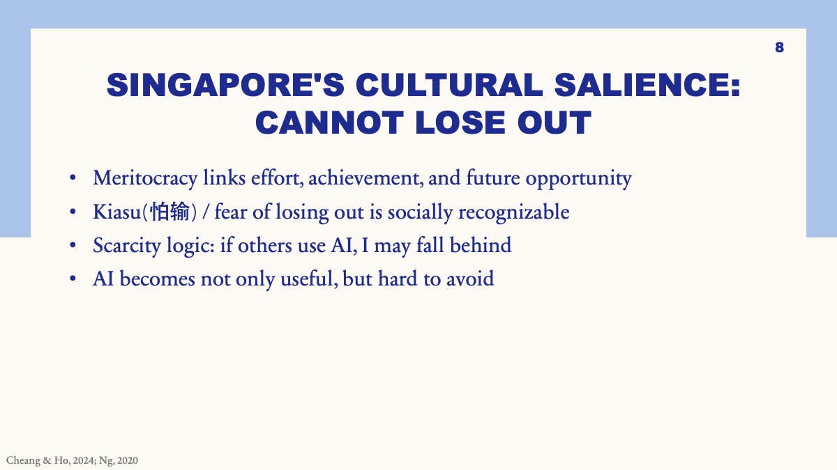 Slide discussing meritocracy, fear of losing out, and scarcity logic around AI use in Singapore.