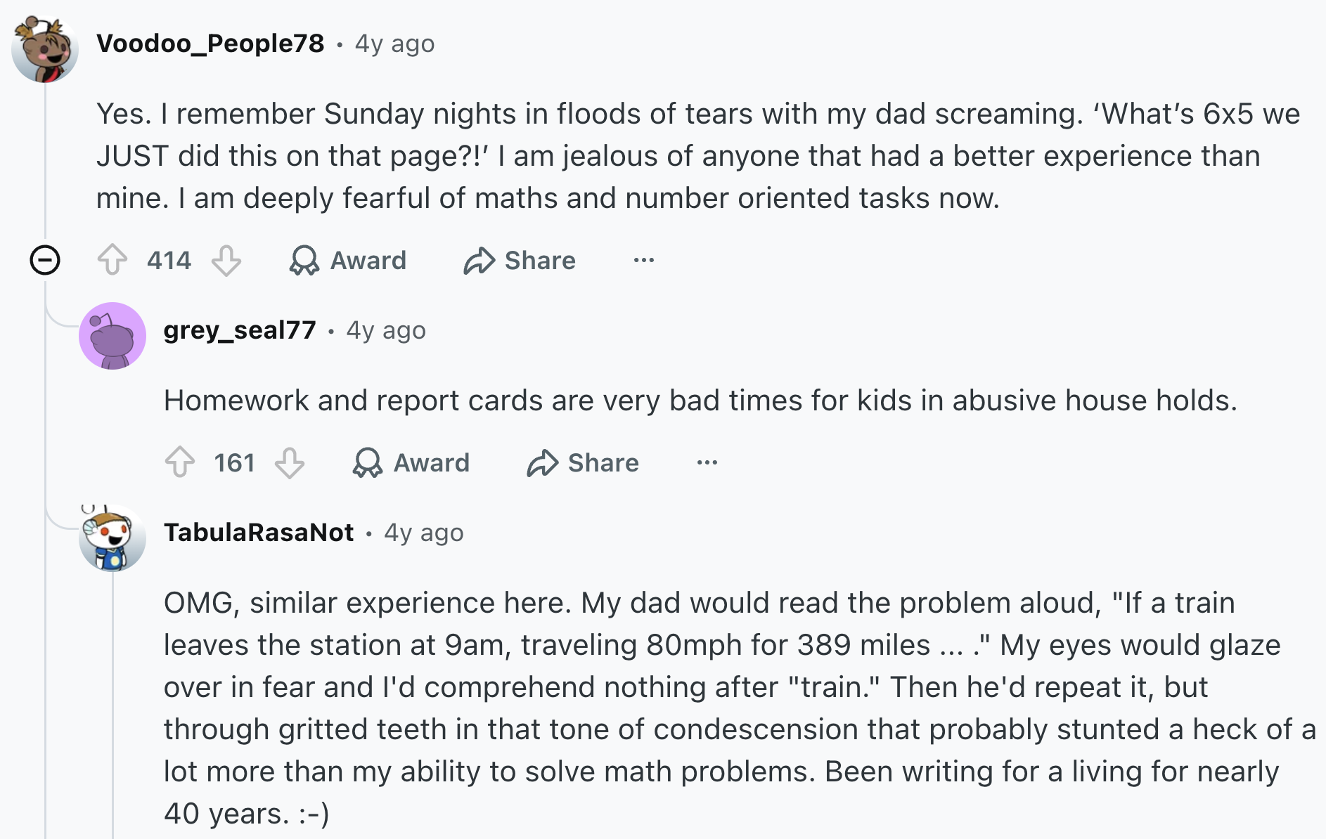 Selected public Reddit comments reflecting shared experiences of stressful parent–child homework interactions.