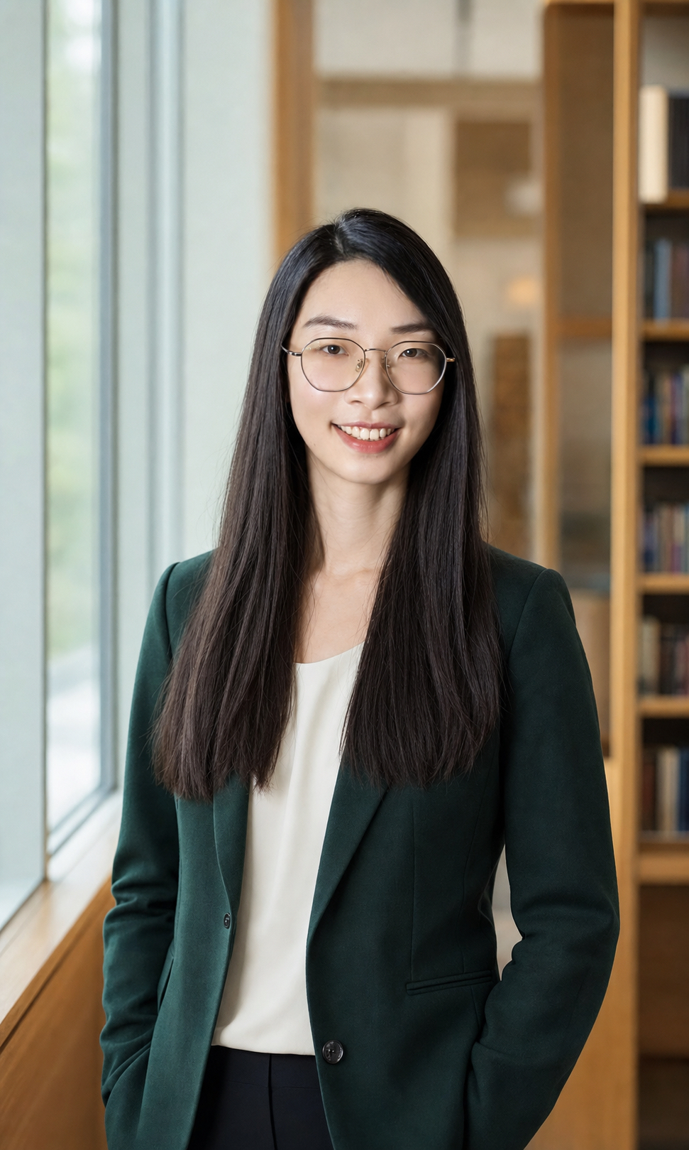 Portrait of Jiawen Wu wearing a forest-green blazer in a softly lit university library.