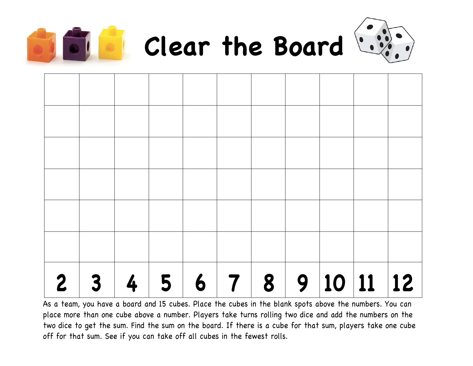 Clear the Board probability game mat with spaces for dice sums from two through twelve.