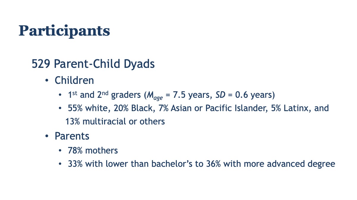 Slide summarizing aggregate characteristics of the 529 participating parent-child dyads.