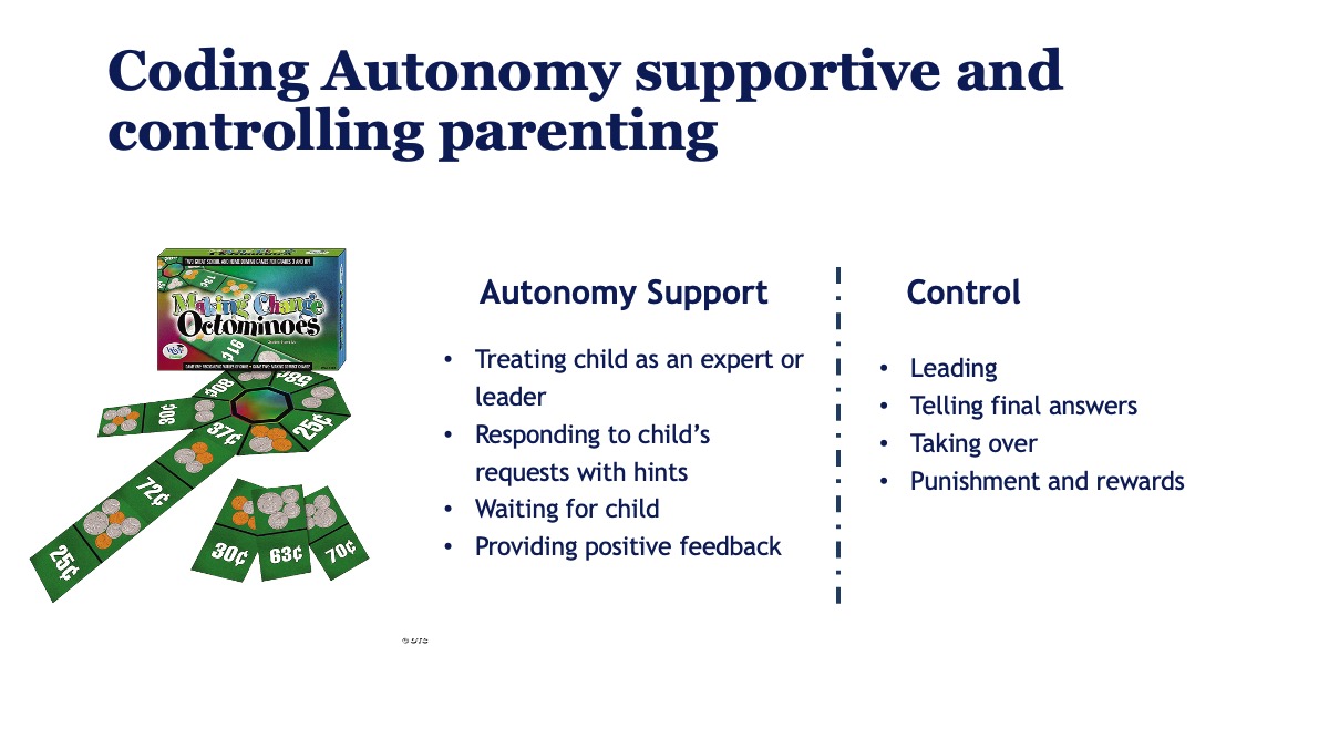 Slide listing indicators used to code parent autonomy support and control.