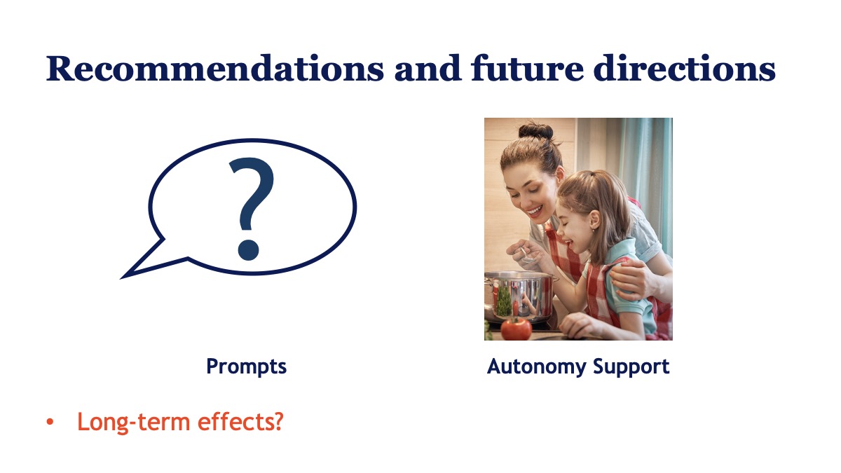 Slide highlighting prompts, autonomy support, and questions for future longitudinal research.