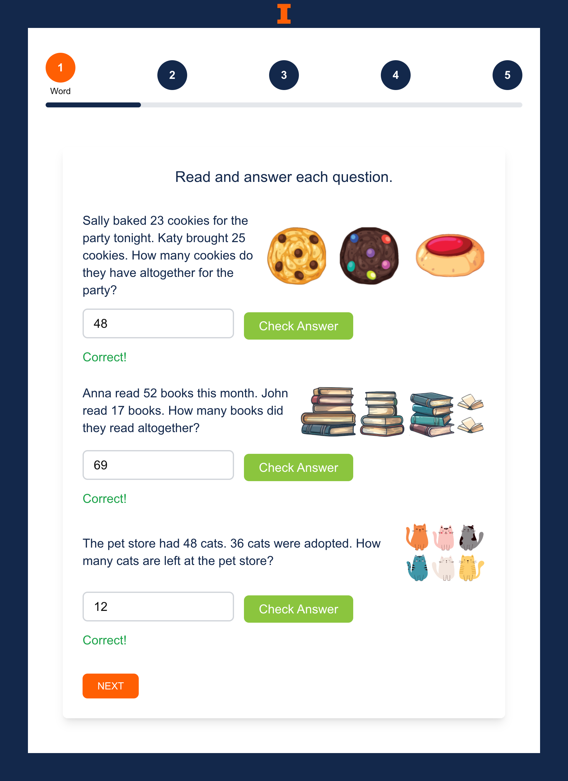 Contextualized word-problem format in the online mathematics platform.