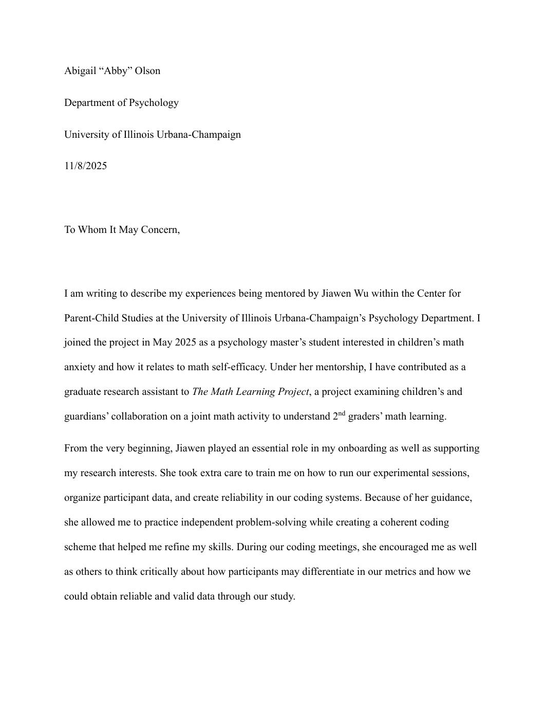 Page 1 of 3 of Abigail Olson's letter of support.