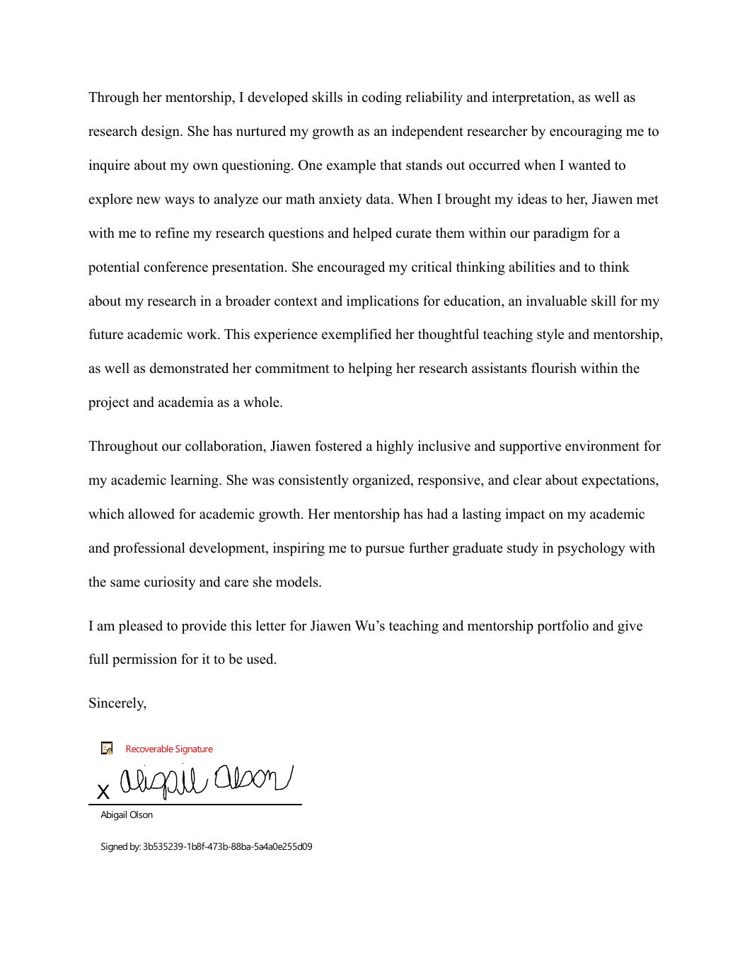 Page 2 of 3 of Abigail Olson's letter of support.
