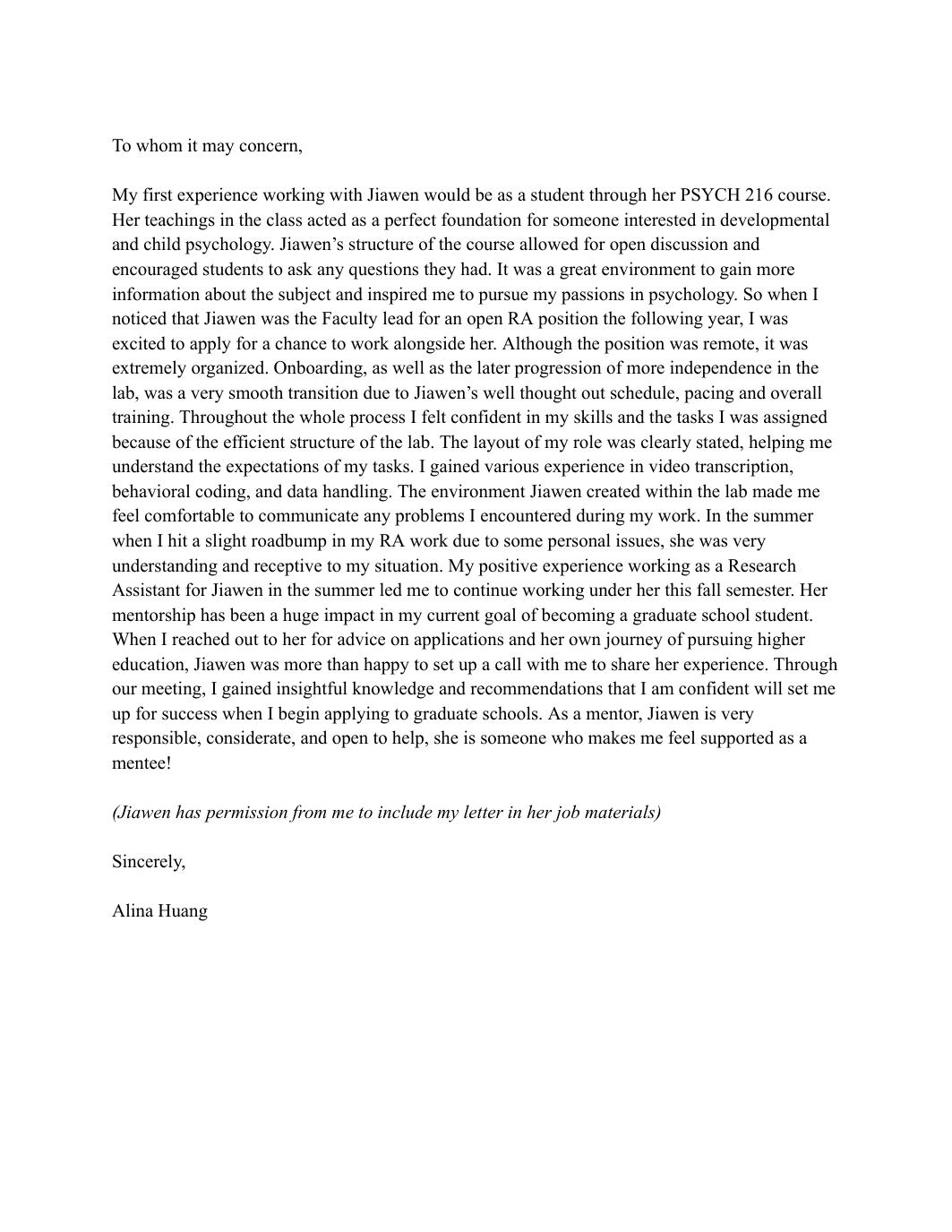 Page 1 of 1 of Alina Huang's letter of support.