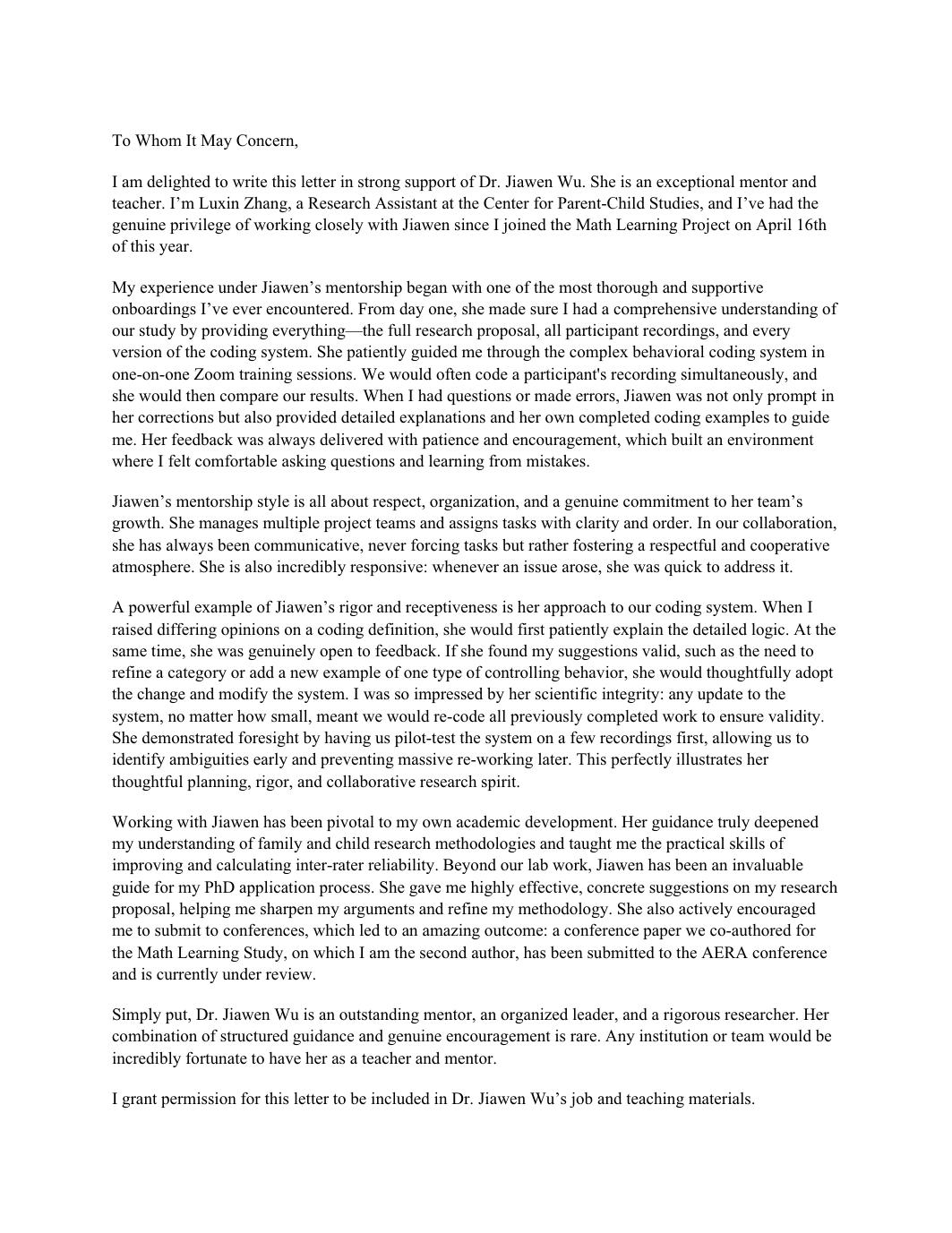 Page 1 of 2 of Luxin Zhang's letter of support.