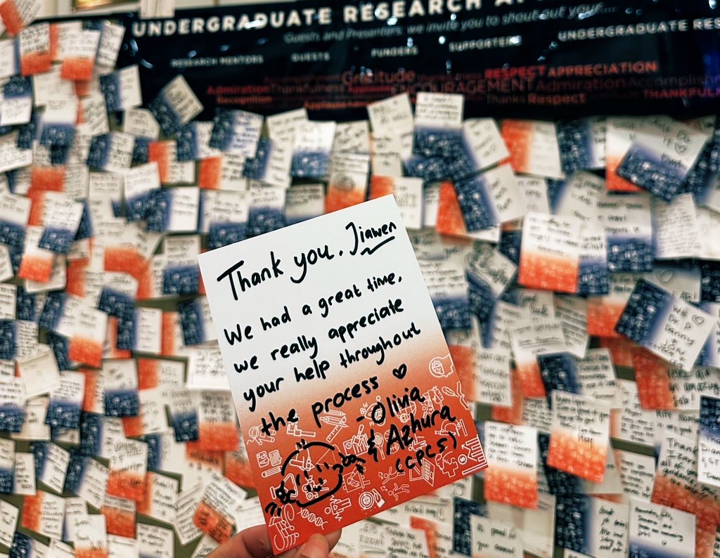 Handwritten thank-you note from Olivia and Azhura expressing appreciation for Jiawen's guidance throughout their undergraduate research experience.